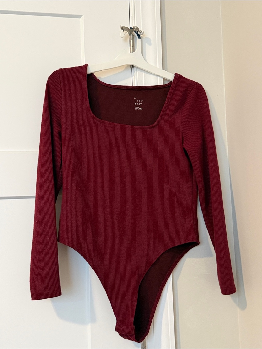 a new day Ribbed Long-Sleeve One-Piece Bodysuit in Burgundy